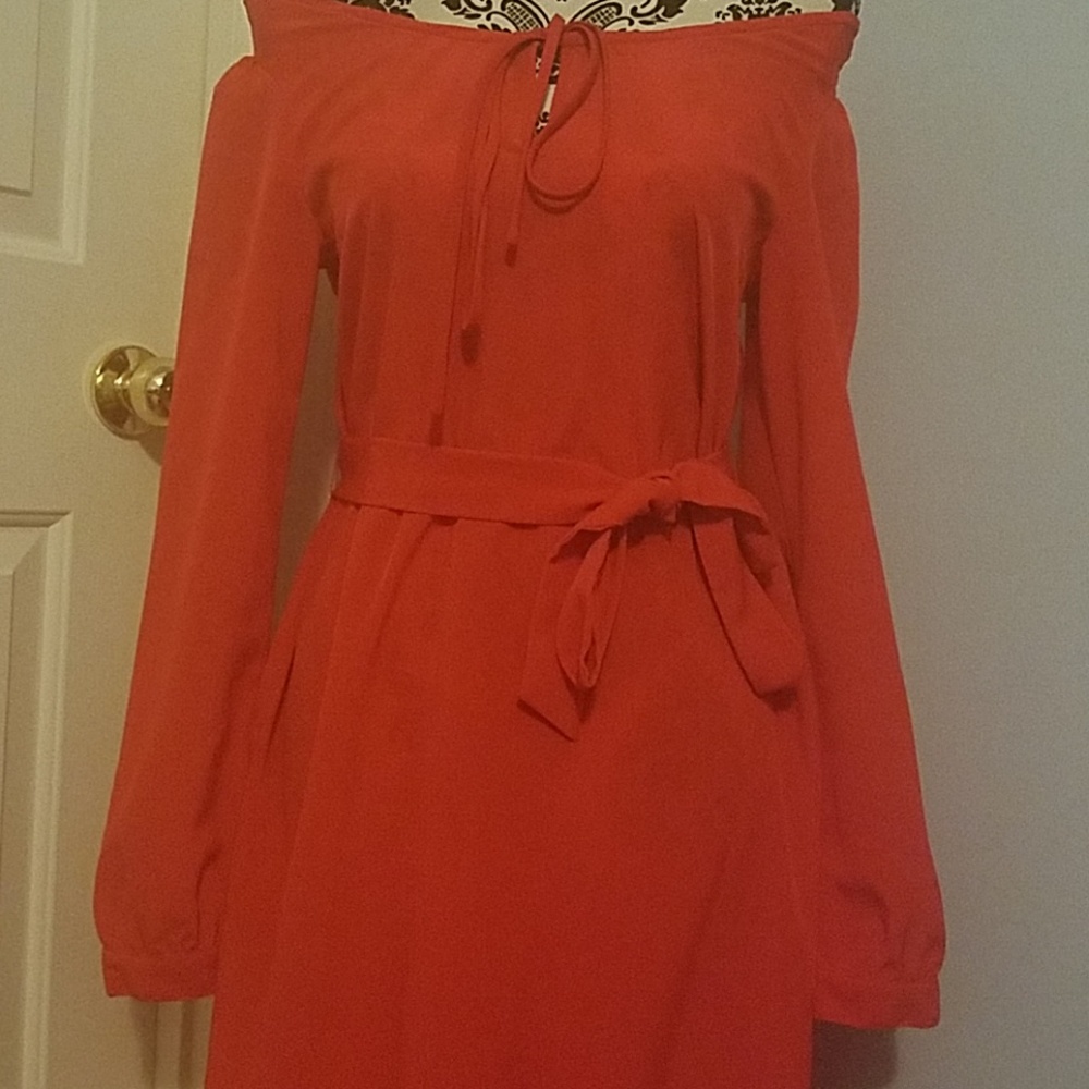 Midi Red/ Orange Long Sleeve Dress